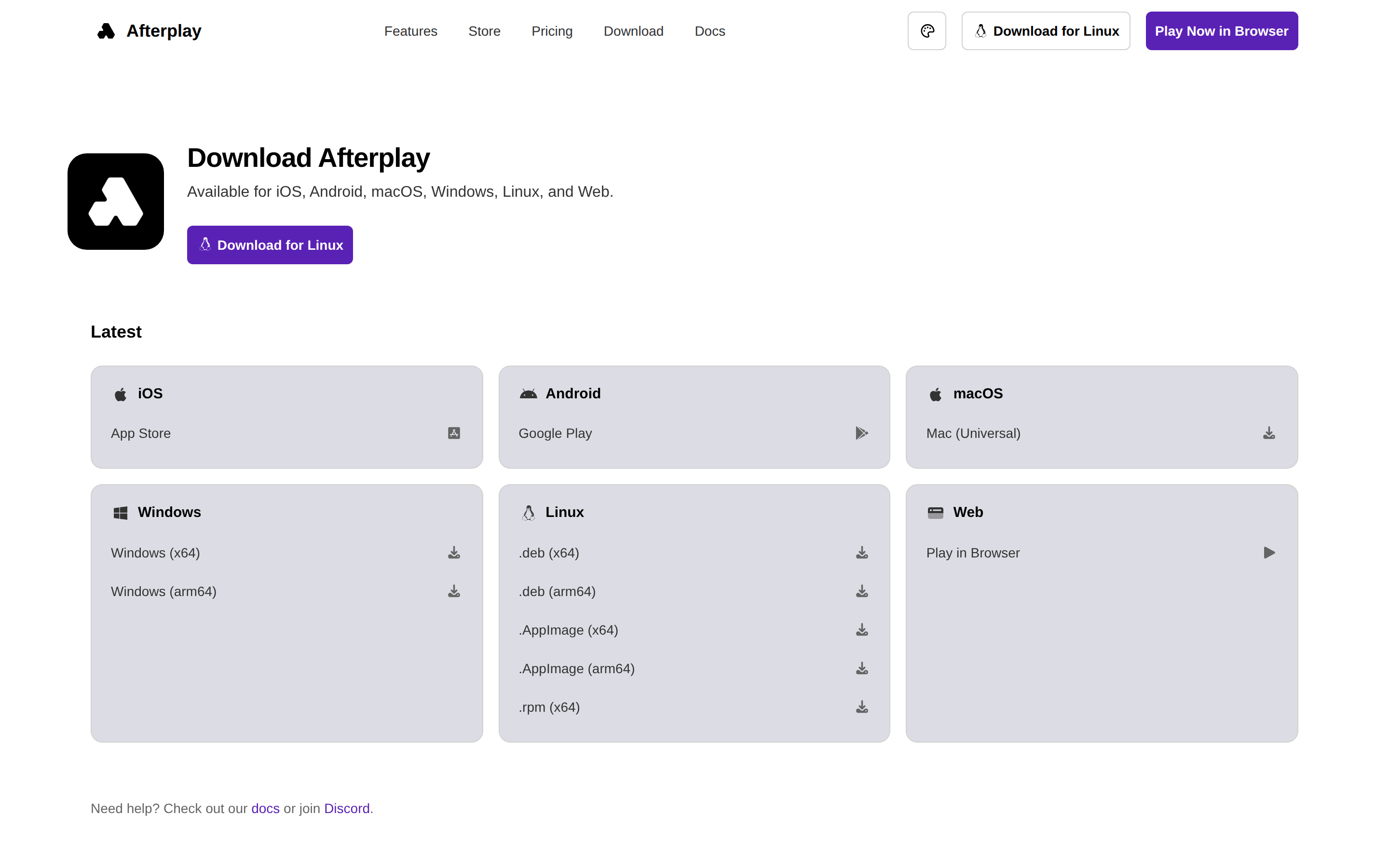 The downloads page, with per-platform options for iOS, Android, macOS, Windows, Linux, and Web